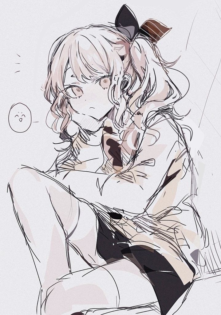 _ 14 Anime girl sketch with wavy hair and bow, wearing a school uniform. Black-and-white drawing style with intricate details. | Sky Rye Design Anime girl sketch with wavy hair and bow, wearing a school uniform. Black-and-white drawing style with intricate details.