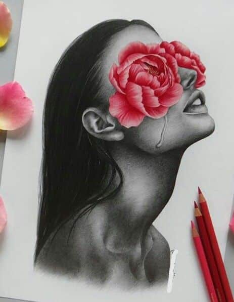 Artistic drawing of a woman with pink flowers over her eyes, symbolizing emotion and beauty, accompanied by red pencils and petals.