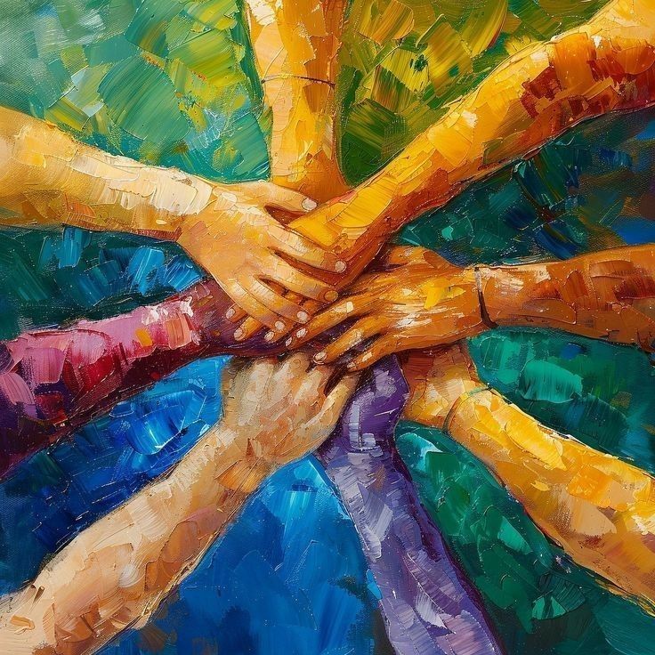 Vibrant painting of diverse hands stacked in unity, symbolizing teamwork and community spirit against a colorful backdrop.