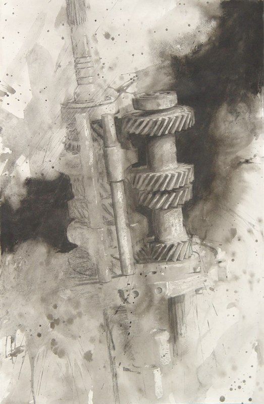Black and white abstract art depicting mechanical gears and machinery, with dynamic brush strokes and splattered textures.
