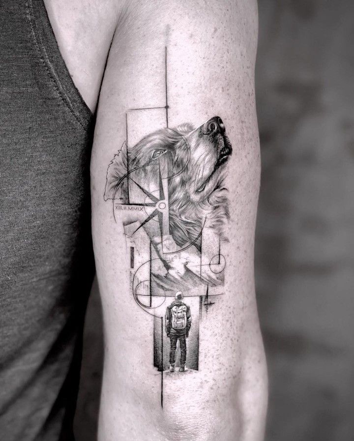 _ 14 Abstract tattoo with a geometric dog design and figure of a person on arm, blending nature and modern art. | Sky Rye Design Abstract tattoo with a geometric dog design and figure of a person on arm, blending nature and modern art.