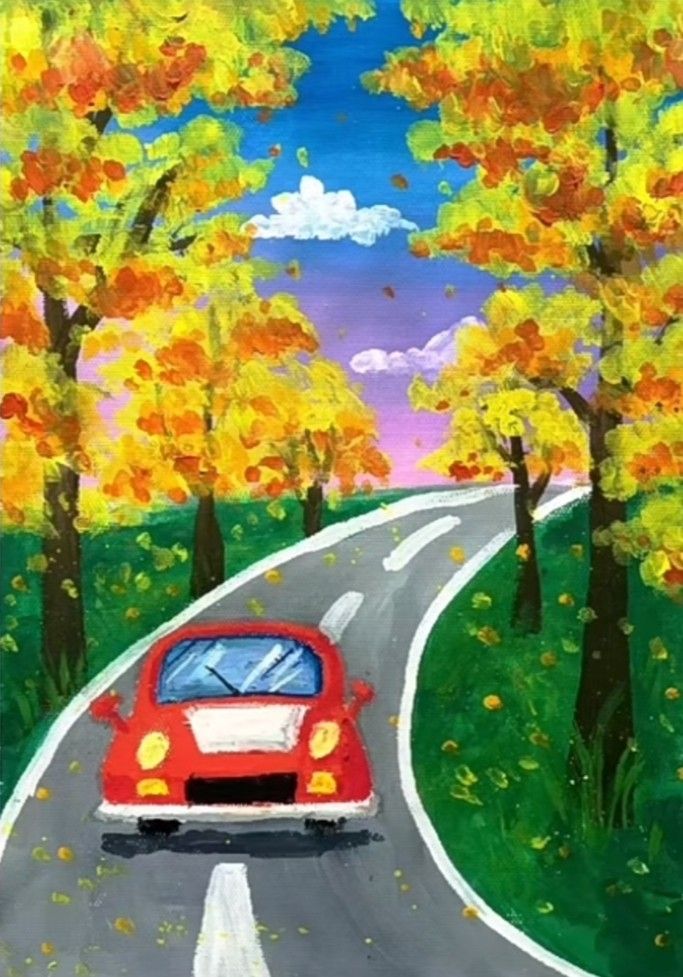 Painting of a red car driving on a winding road through colorful autumn trees under a vibrant blue sky.