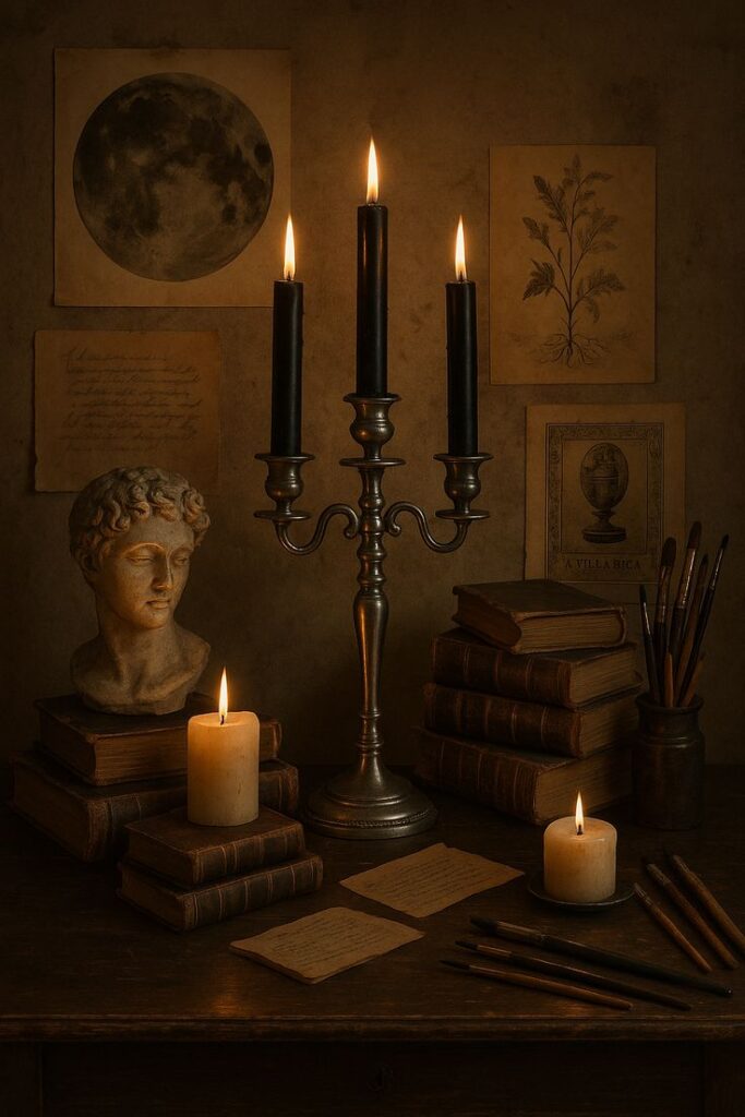 Antique study with candles, bust, books, and art on a wooden table, evoking a vintage, intellectual ambiance.