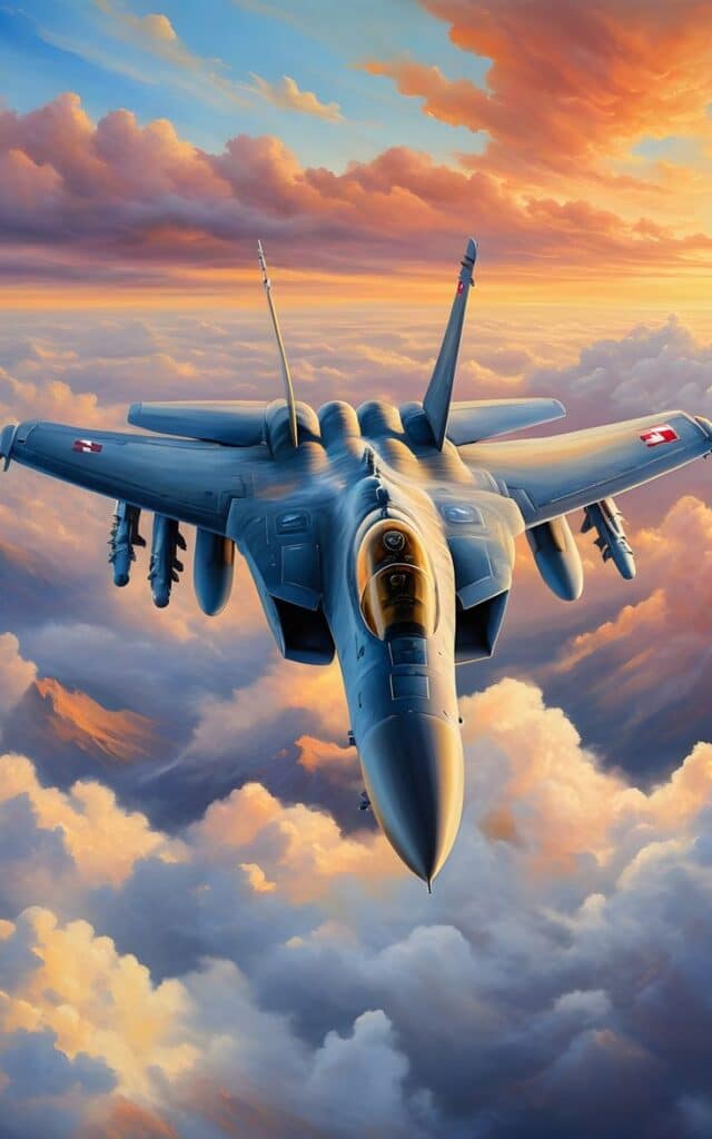 Fighter jet soaring through a vibrant sunset sky, above fluffy clouds, capturing the essence of aviation and freedom.