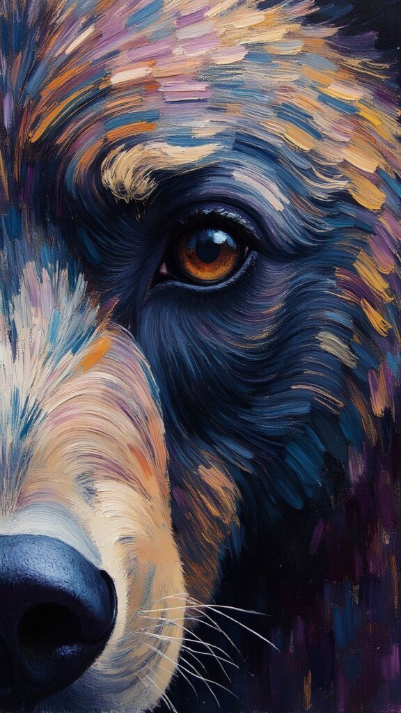 Colorful abstract painting of a bear’s face, focusing on the detailed, expressive eye and textured fur.