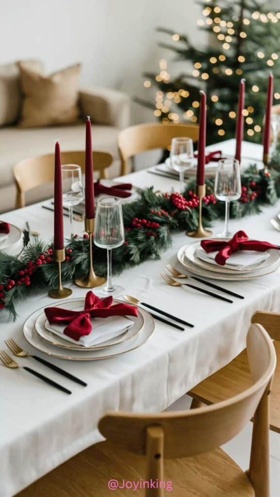 Elegant holiday table setting with red candles, festive greenery, and red bows, perfect for Christmas celebrations and gatherings.