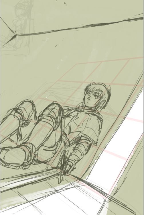 Sketch of a character sitting on a sloped surface, wearing medieval armor with a thoughtful expression.