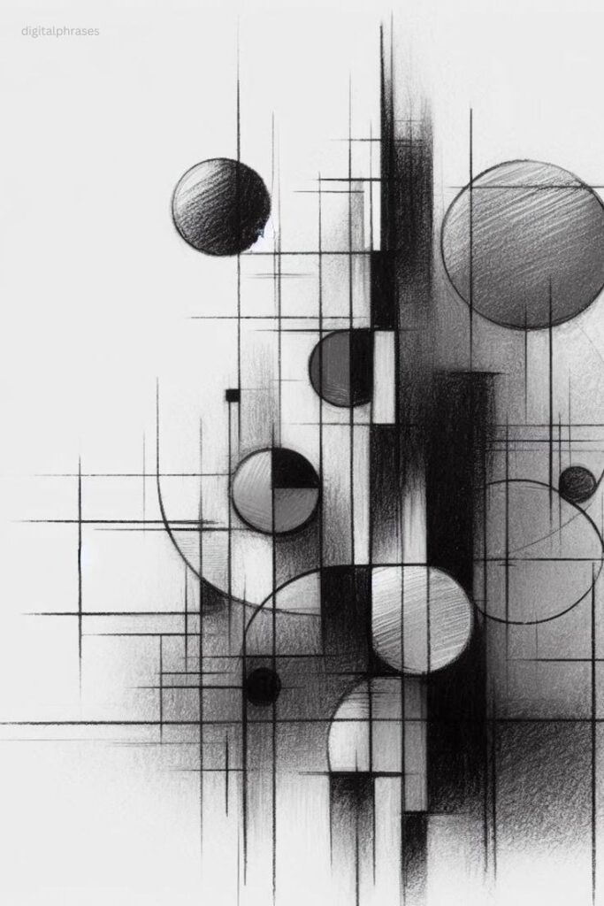 Abstract monochrome geometric drawing with intersecting lines and shaded circles on a white background. Modern minimalist art.