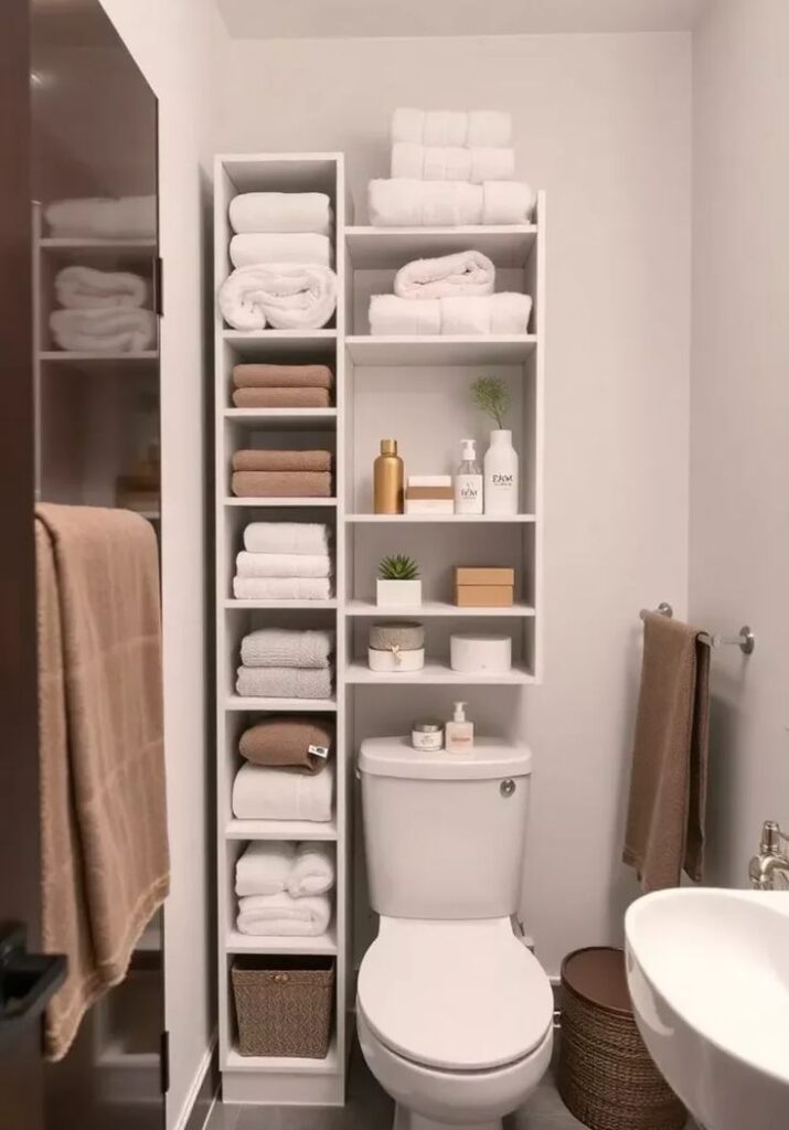 Organized bathroom showcasing efficient shelving with neatly stacked towels and toiletries around a white toilet.