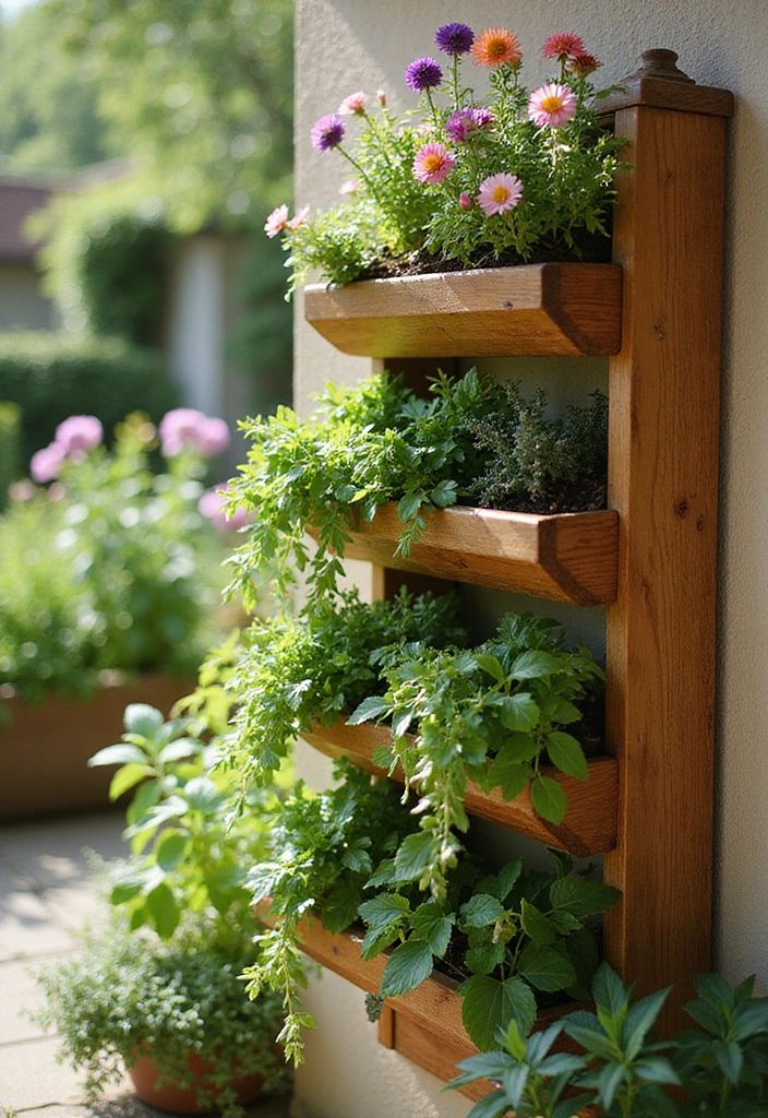 Wall-mounted wooden planter with vibrant flowers and herbs in a sunny garden setting, showcasing vertical gardening ideas.