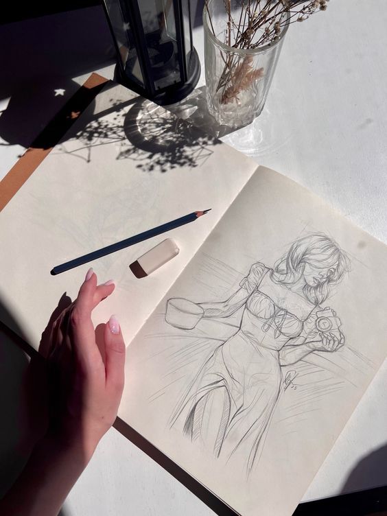 Hand holding a sketchbook with a detailed drawing of a woman. Nearby, a pencil and eraser rest on a sunlit table.