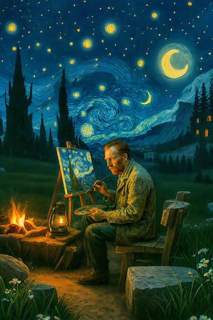 Artist painting Starry Night under a vibrant star-filled sky, inspired by van Gogh, sitting by a campfire with a glowing lantern.