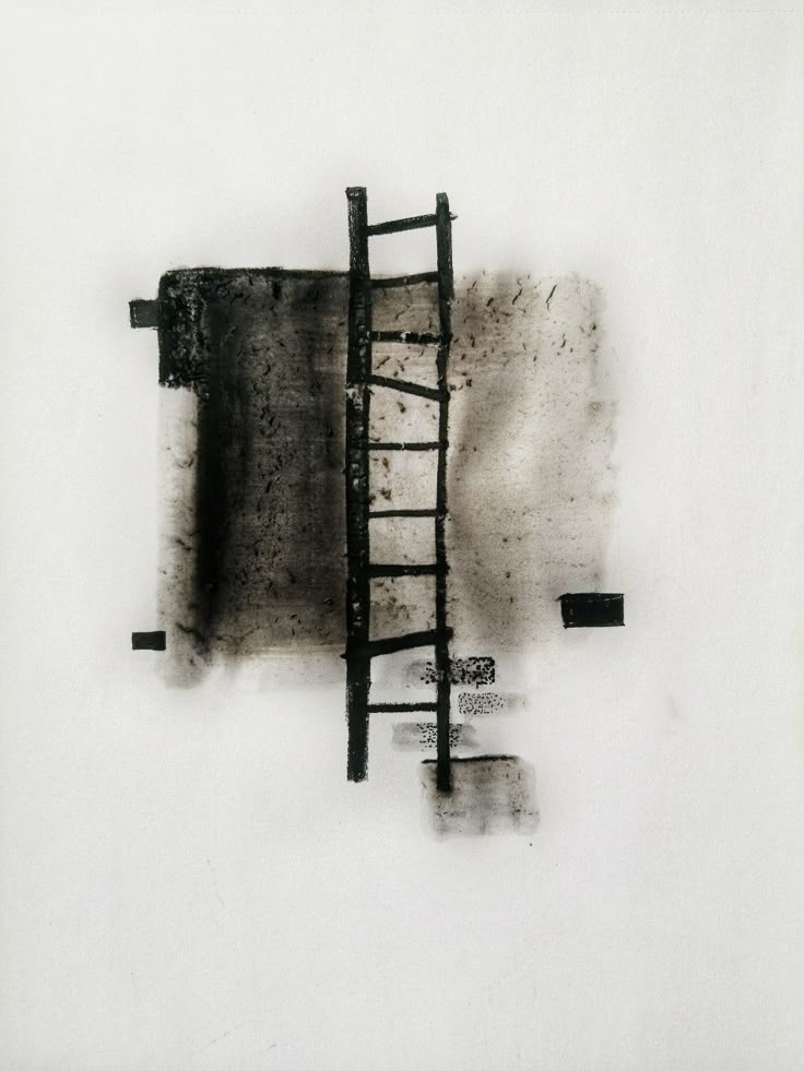 Abstract art featuring a black ladder on a textured gray and white background, symbolizing ambition and progress.