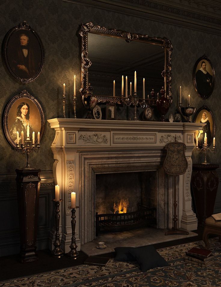 Vintage room with ornate fireplace, lit candles, antique portraits, and elegant decor creating a warm, cozy atmosphere.