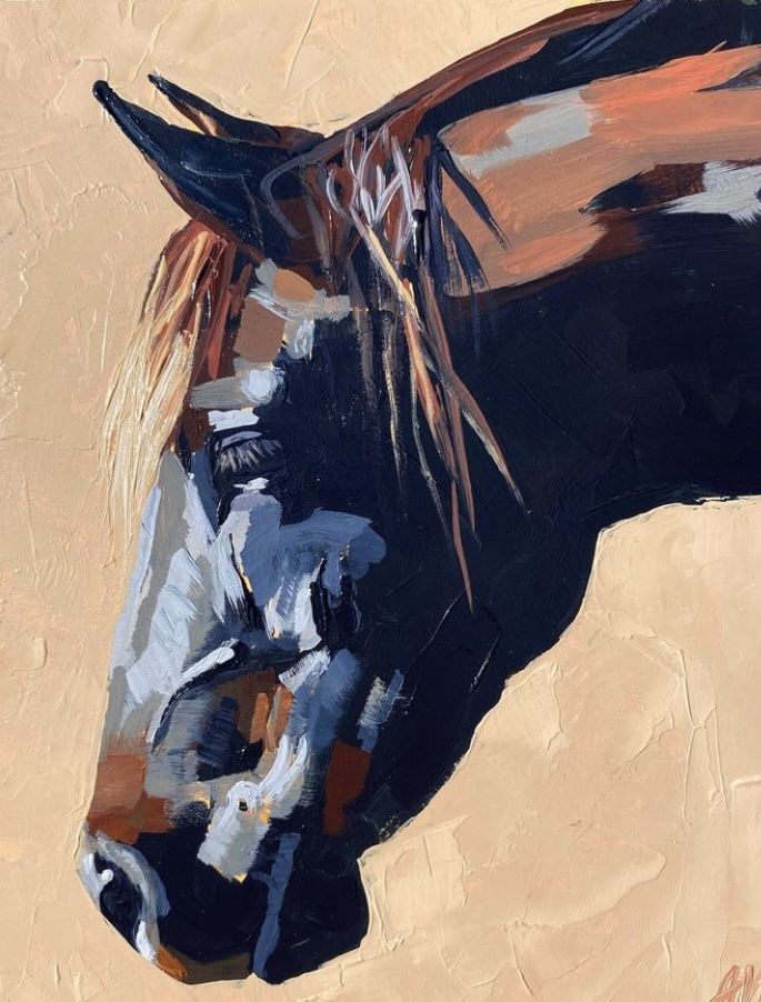 Close-up of a dark horse's side profile in an expressive painting, showcasing textured brushstrokes against a neutral background.
