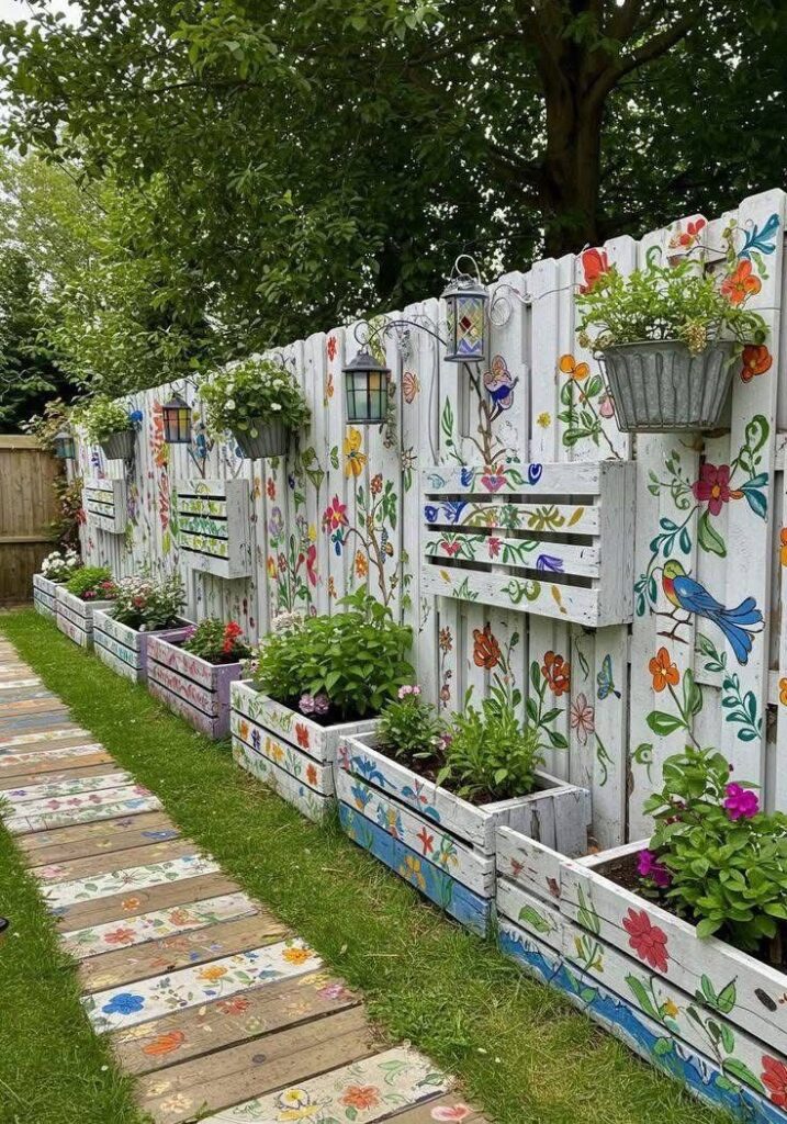 Colorful garden fence with floral and bird designs, surrounded by vibrant planter boxes and a painted wooden path under lush green trees.