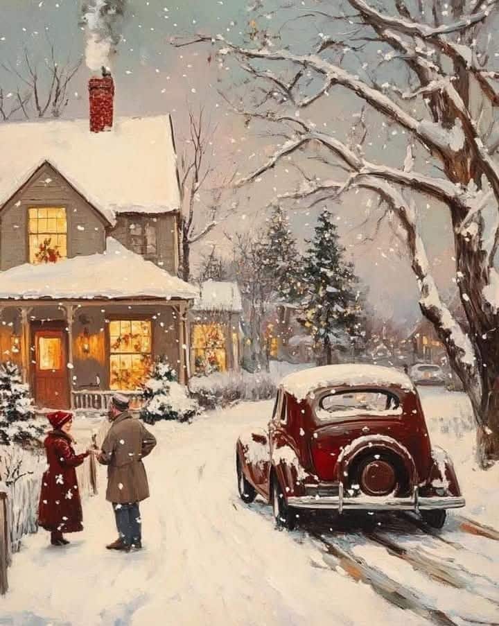 Winter scene with a snowy house, vintage car, and two people conversing. Smoke rises from the chimney while snowflakes gently fall.