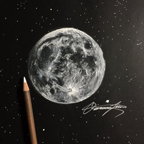 Pencil drawing of a detailed moon against a black background with scattered stars, showcasing artistic texture and shading skills.