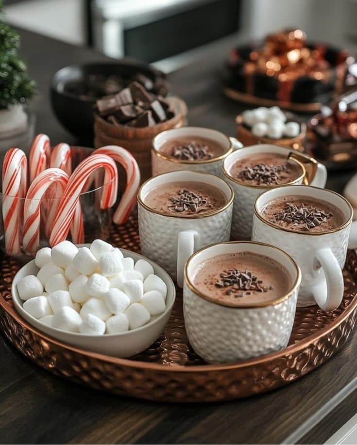 Festive hot chocolate with marshmallows and candy canes on a tray. Cozy holiday treat setup with chocolate pieces and mugs.