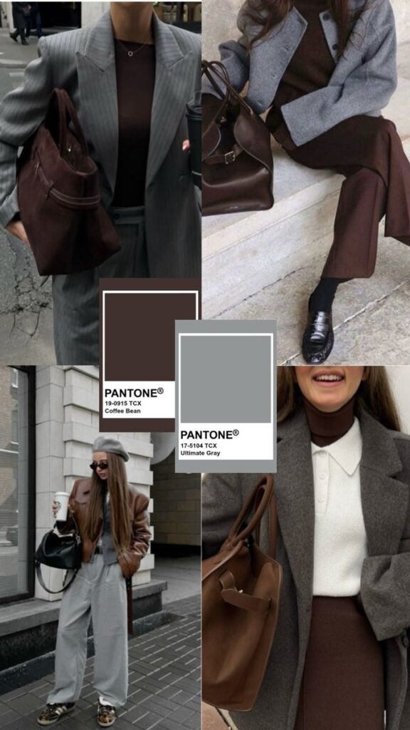Trendy outfits in Pantone colors Coffee Bean and Ultimate Gray featuring elegant fall fashion with chic accessories.