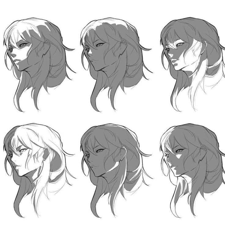 Anime character facial sketches showing six different angles, highlighting detailed hair and expression design.