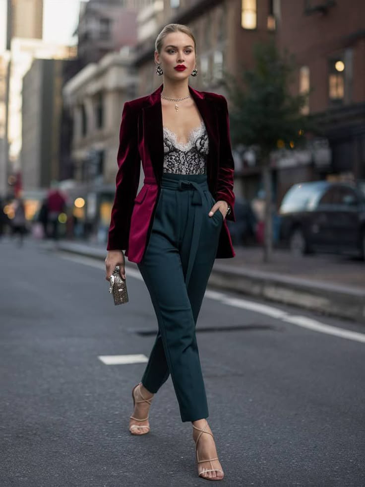 15 Blazing Hot Blazer Outfit Ideas for the Fashionista in You 🔥👠 - TOPGURL Stylish woman walking in city wearing red blazer, lace top, teal pants, holding a clutch. Fashionable street style. | Sky Rye Design Stylish woman walking in city wearing red blazer, lace top, teal pants, holding a clutch. Fashionable street style.