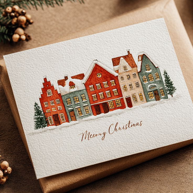 Festive Christmas card with watercolor village scene and Merry Christmas text, placed on a brown envelope with rustic accents.