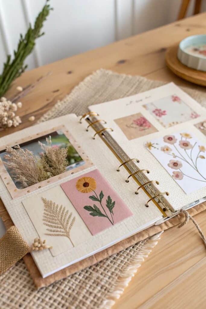 Open scrapbook on wooden table with pressed flowers and nature-themed art on pages, perfect for creative journaling and memory keeping.