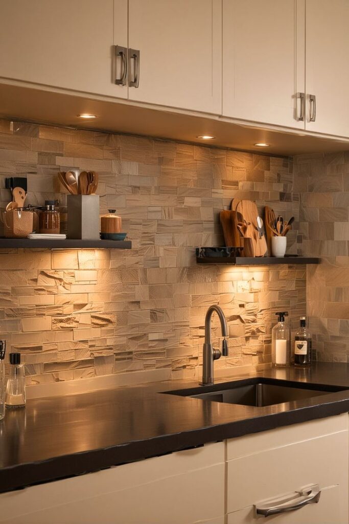 Modern kitchen with stone tile backsplash, under-cabinet lighting, sleek faucet, and black countertop. Elegant and functional design.
