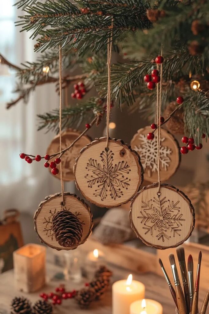 15 Enchanting Cottagecore Christmas Ornaments to Craft at Home Rustic wood slice ornaments with snowflakes and pinecones on a Christmas tree, surrounded by candles and berries. | Sky Rye Design Rustic wood slice ornaments with snowflakes and pinecones on a Christmas tree, surrounded by candles and berries.