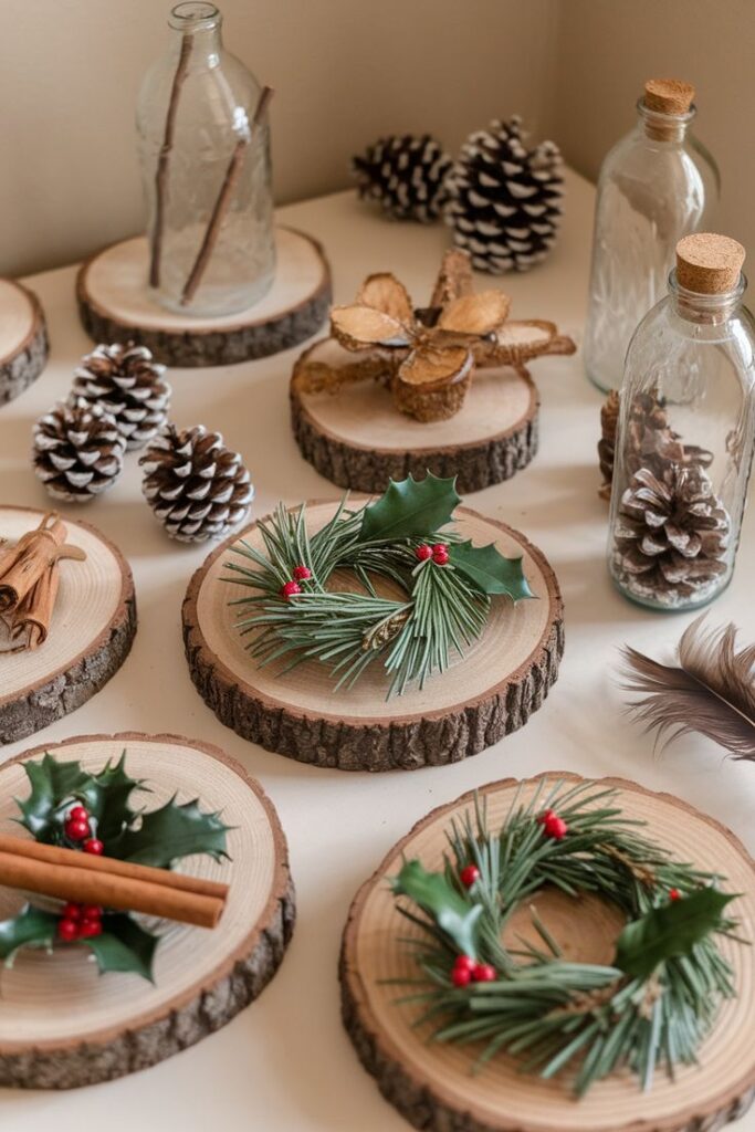 15 Festive DIY Christmas Ornament Ideas to Make This Holiday Season Rustic holiday decor with pinecones, cinnamon sticks, wooden slices, and glass bottles on a table. | Sky Rye Design Rustic holiday decor with pinecones, cinnamon sticks, wooden slices, and glass bottles on a table.