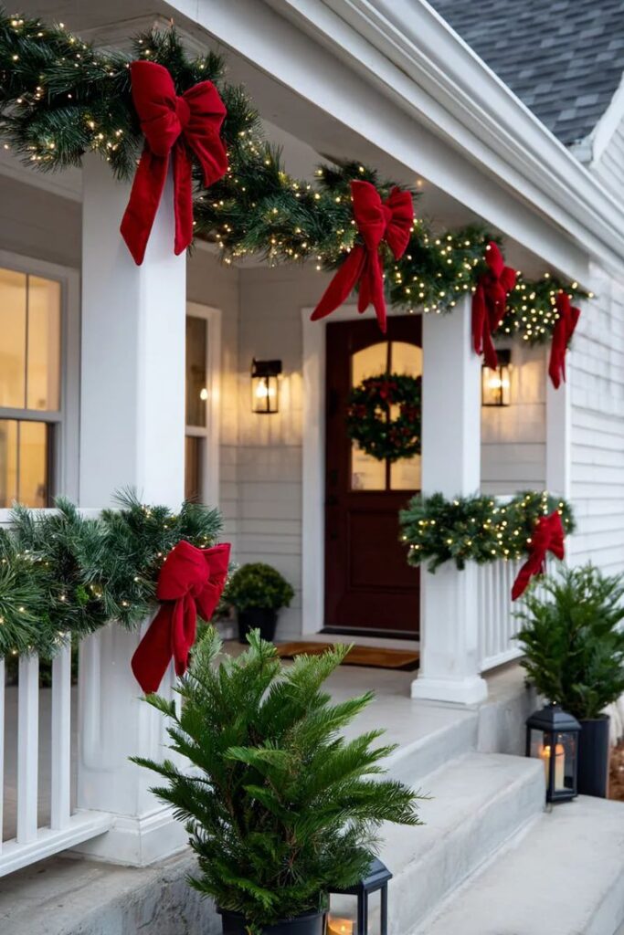 15 Front Porch Christmas Garland Ideas with Festive Charm Festive porch decorated with garlands, red bows, and lights celebrating Christmas cheer and holiday warmth. | Sky Rye Design Festive porch decorated with garlands, red bows, and lights celebrating Christmas cheer and holiday warmth.