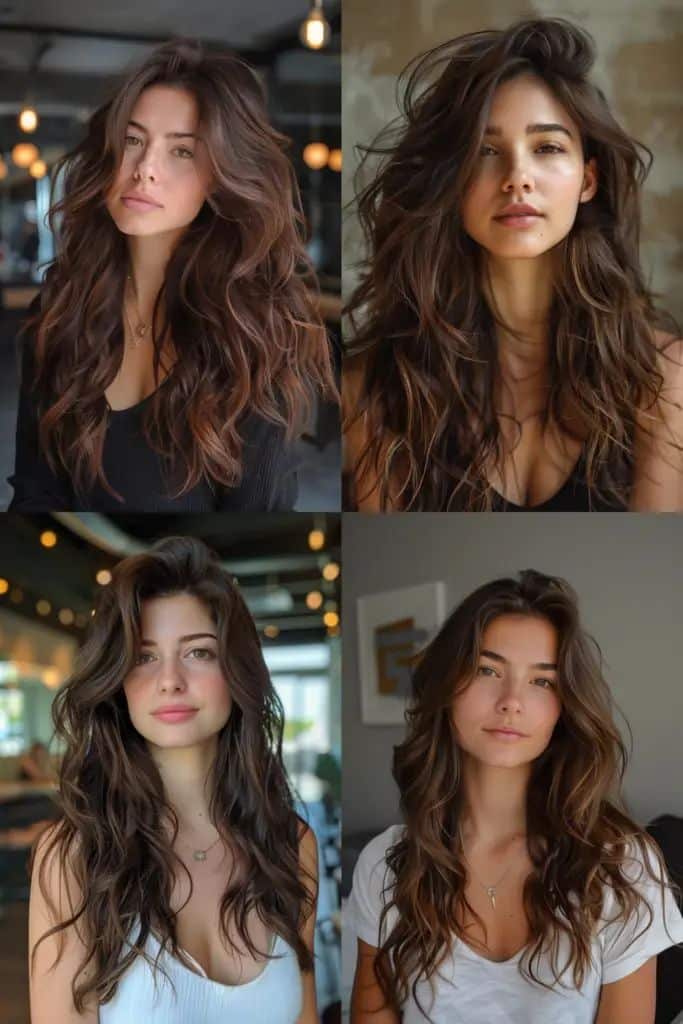 15 Ideal Haircuts for Women with Thick Hair_ Finding the Perfect Style Four women with long, wavy brown hair and casual outfits in indoor settings, showcasing natural beauty. | Sky Rye Design Four women with long, wavy brown hair and casual outfits in indoor settings, showcasing natural beauty.