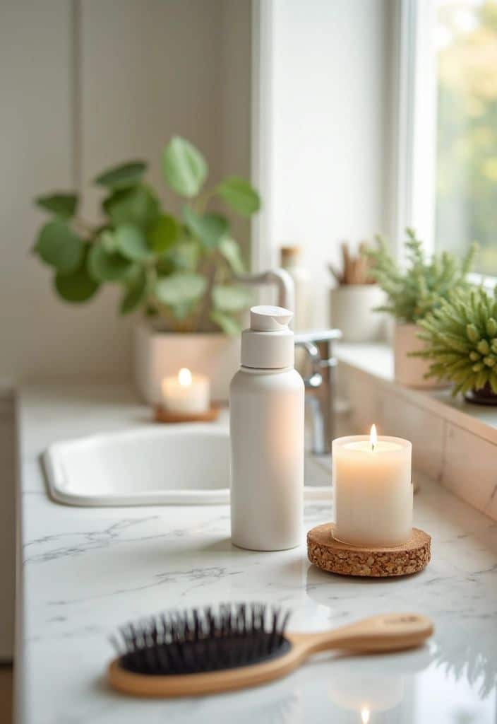 15 Tips for Shiny Healthy Hair That Will Make You Feel Amazing Modern bathroom vanity with candle, brush, and soap dispenser on marble countertop. Spa-like and minimalistic design. | Sky Rye Design Modern bathroom vanity with candle, brush, and soap dispenser on marble countertop. Spa-like and minimalistic design.