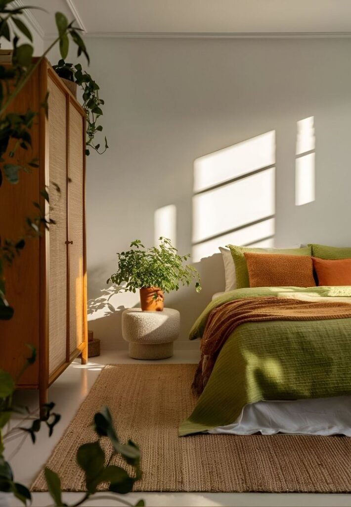 Cozy bedroom with green bedding, wooden furniture, potted plant, natural light, and shadow patterns on the wall for a serene ambience.