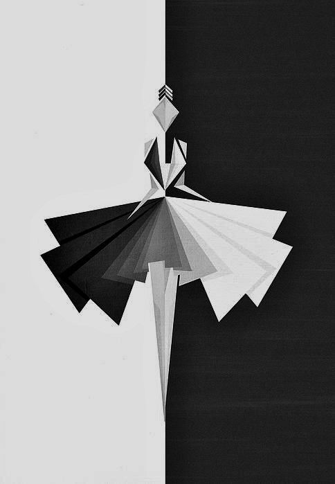 Geometric black and white abstract art of a ballerina, split in half, showcasing intricate shapes and symmetry for modern artistic expression. abstract drawings