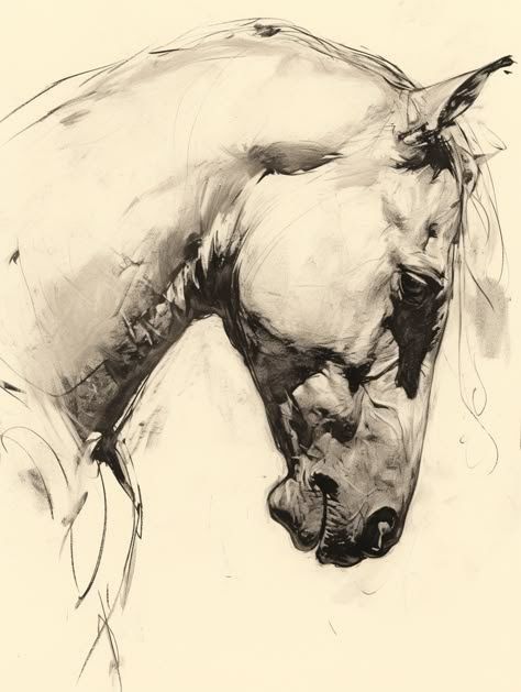 Sketch of a horse's head in profile. Detailed pencil drawing highlighting its gentle expression and elegant features on a light background.