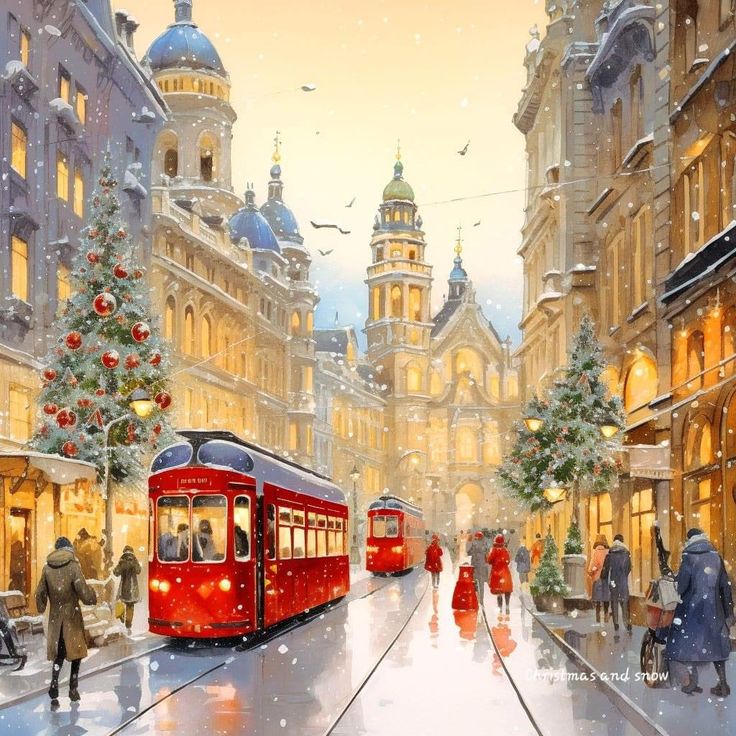 Snowy city street with red trams, people in winter clothes, and festive Christmas decorations under a golden evening sky.
