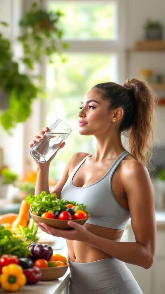 _ 16 Woman in workout attire drinking water, holding a salad bowl, surrounded by fresh vegetables in a bright kitchen. | Sky Rye Design Woman in workout attire drinking water, holding a salad bowl, surrounded by fresh vegetables in a bright kitchen.