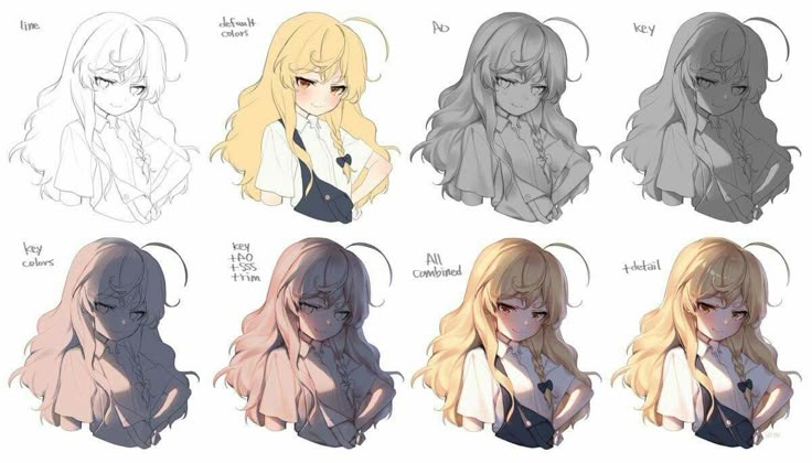 _ 16 Anime character with various lighting effects; versions include line art, default color, grayscale, key lighting, and combined details. | Sky Rye Design Anime character with various lighting effects; versions include line art, default color, grayscale, key lighting, and combined details.