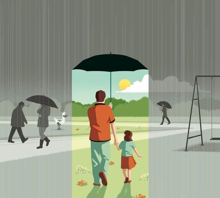 Father and daughter walk under an umbrella, with sunshine ahead amidst a rainy park, illustrating hope and togetherness.