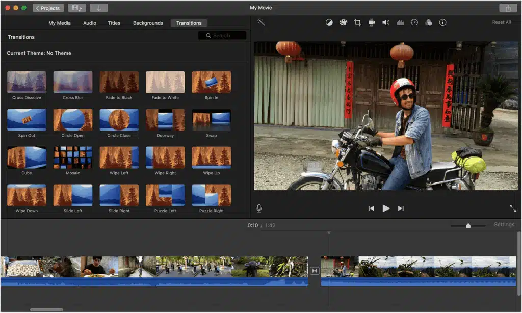 1605012318-imovie-video-editing-software-1024x614 Video editing software screen displaying transitions and an outdoor motorcyclist scene. | Sky Rye Design Video editing software screen displaying transitions and an outdoor motorcyclist scene.