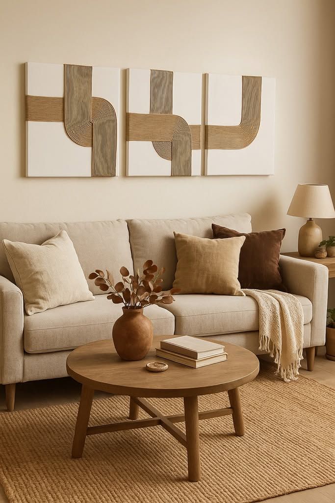 Cozy beige living room with modern abstract wall art, a neutral sofa, wooden coffee table, and textured rug, creating a warm, inviting space.