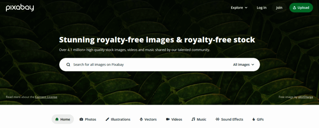 1695896152_PixaBay+home Pixabay homepage showcasing a search bar for finding over 4.1 million royalty-free images, videos, and music from a creative community. | Sky Rye Design Pixabay homepage showcasing a search bar for finding over 4.1 million royalty-free images, videos, and music from a creative community.