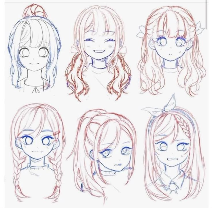 _ 17 Anime girl sketch variations showing different hairstyles and facial expressions in a cute and artistic style. Perfect for character design. | Sky Rye Design Anime girl sketch variations showing different hairstyles and facial expressions in a cute and artistic style. Perfect for character design.