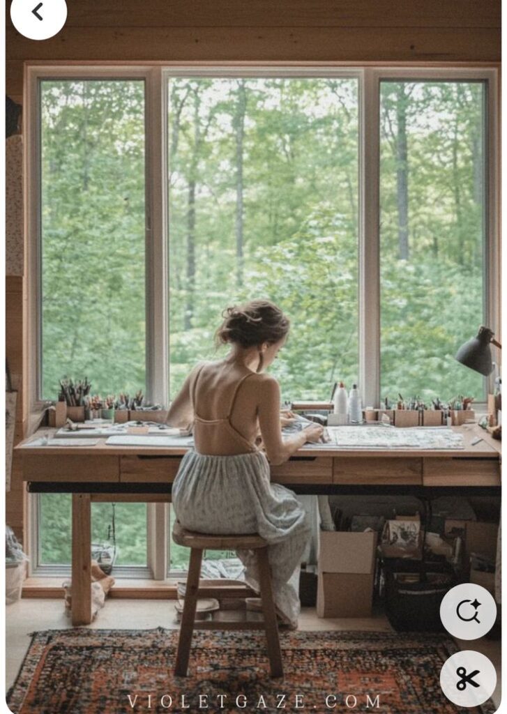 Artist sketching at a wooden desk with large windows overlooking a lush green forest, creating a serene and inspiring workspace.