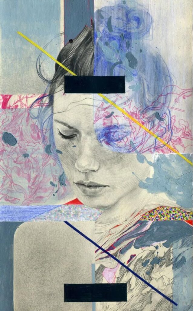 Abstract portrait of a woman with colorful overlays and geometric patterns, blending realism and surrealism in a modern artistic style.