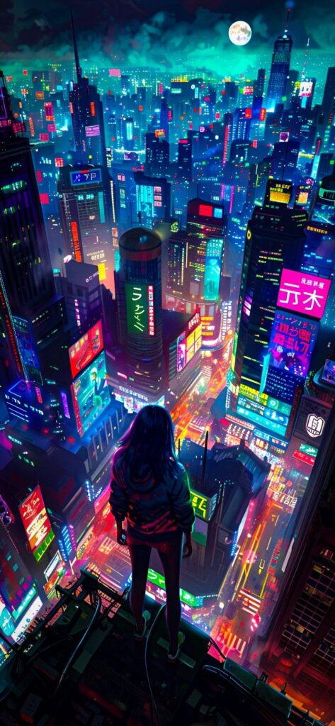 Futuristic cityscape at night with neon lights, person overlooking vibrant, illuminated streets from a rooftop, full moon visible.