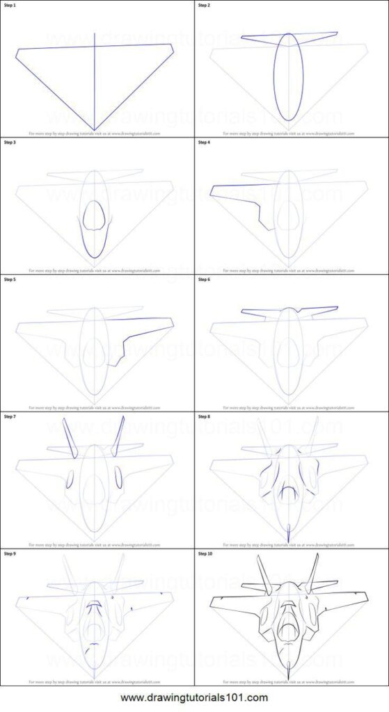 Step-by-step guide to drawing a fighter jet, featuring 10 detailed stages from basic shapes to final design.