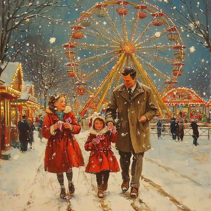 Family enjoying a snowy winter carnival, walking hand-in-hand with candy canes, Ferris wheel lights glowing in the background.